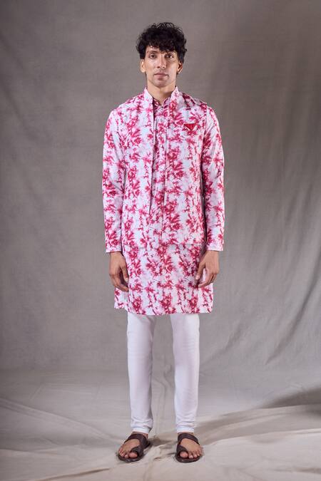 Shop_Arihant Rai Sinha_Red Cotton, Silk Tie Dye Swirl Print Bundi Kurta Set _Online_at_Aza_Fashions
