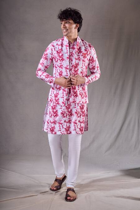 Arihant Rai Sinha_Red Cotton, Silk Tie Dye Swirl Print Bundi Kurta Set _at_Aza_Fashions