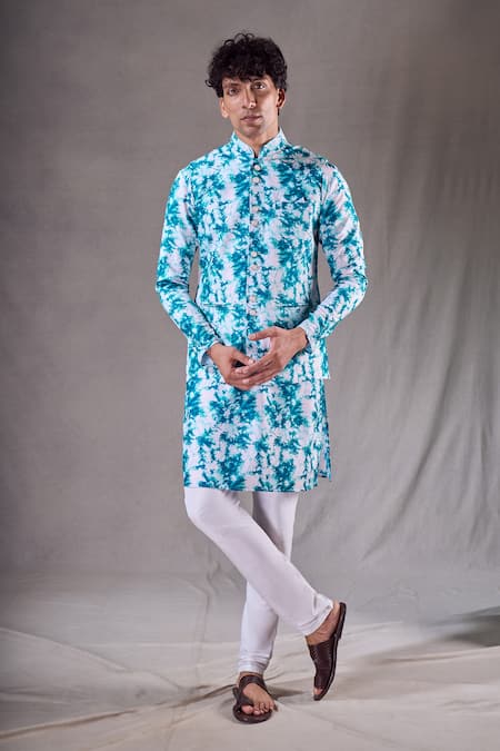 Aryavir Malhotra Tie Dye Blast Print Bundi Kurta Set 