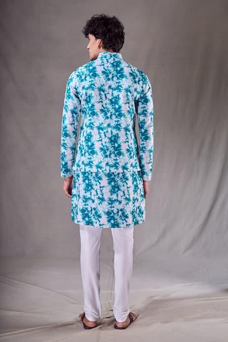 Shop Arihant Rai Sinha Blue Silk, Cotton Tie Dye Bundi Kurta Set at Aza Fashions Shop_Arihant Rai Sinha_Blue Silk, Cotton Tie Dye Bundi Kurta Set _at_Aza_Fashions