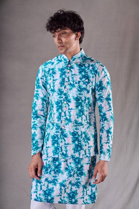 Arihant Rai Sinha Blue Silk, Cotton Tie Dye Bundi Kurta Set at Aza Fashions Arihant Rai Sinha_Blue Silk, Cotton Tie Dye Bundi Kurta Set _at_Aza_Fashions