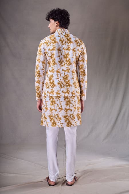 Shop Arihant Rai Sinha Yellow Silk, Cotton Mustard Tie Dye Bundi Kurta Set at Aza Fashions Shop_Arihant Rai Sinha_Yellow Silk, Cotton Mustard Tie Dye Bundi Kurta Set _at_Aza_Fashions