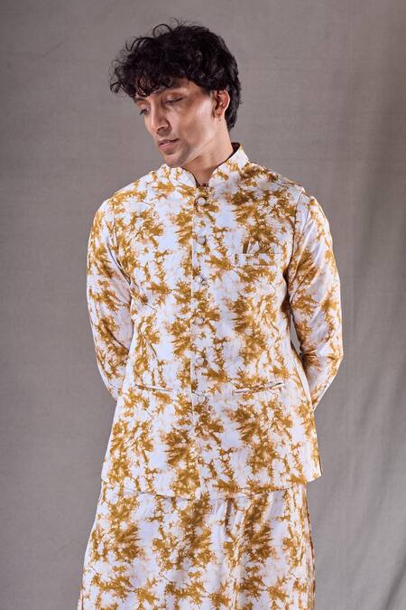 Arihant Rai Sinha Yellow Silk, Cotton Mustard Tie Dye Bundi Kurta Set at Aza Fashions Arihant Rai Sinha_Yellow Silk, Cotton Mustard Tie Dye Bundi Kurta Set _at_Aza_Fashions