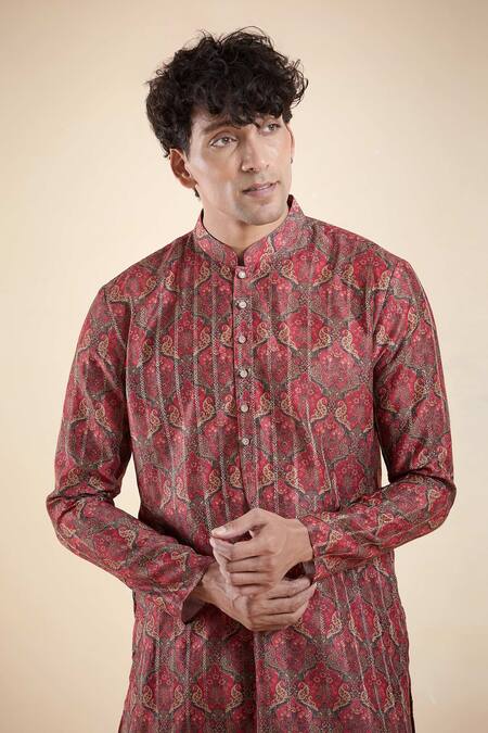 Arihant Rai Sinha_Maroon Jacquard, Silk, Cotton Vintage Bloom Print Kurta With Churidar _Online_at_Aza_Fashions