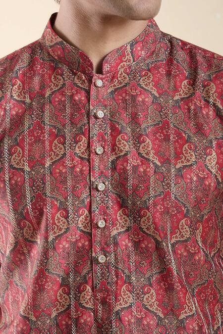 Shop_Arihant Rai Sinha_Maroon Jacquard, Silk, Cotton Vintage Bloom Print Kurta With Churidar _Online_at_Aza_Fashions