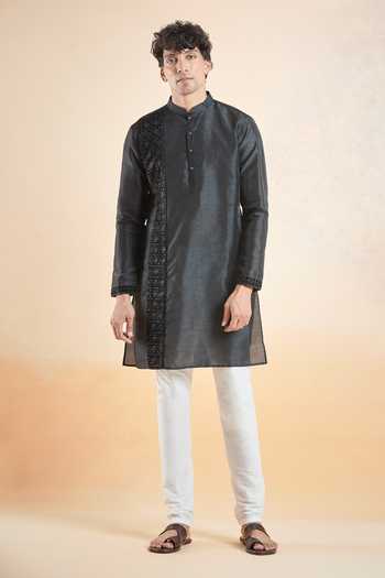 Party Edit- Stylish Silk Blend Tent Fit Kurta with Placement Embroidery and Sequin Detailing on Front & Sleeves
