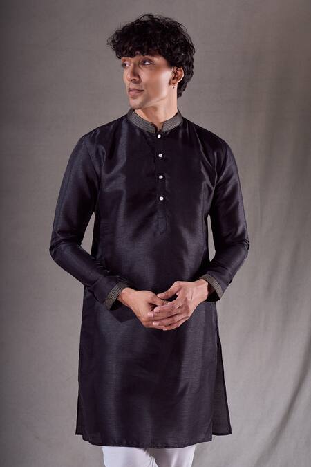 Arihant Rai Sinha Black Silk, Chanderi Embroidery Thread Placement Kurta Set at Aza Fashions Arihant Rai Sinha_Black Silk, Chanderi Embroidery Thread Placement Kurta Set _at_Aza_Fashions