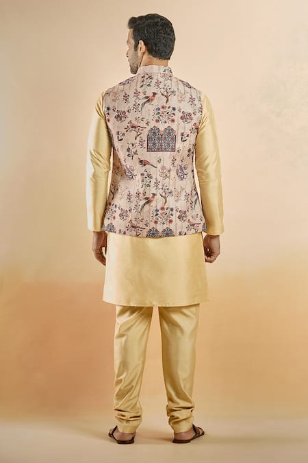 Shop_Arihant Rai Sinha_Brown Jacquard, Silk Embroidery Botanical Woven Bundi And Kurta Set _at_Aza_Fashions