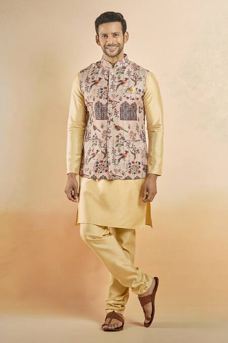Shop_Arihant Rai Sinha_Brown Jacquard, Silk Embroidery Botanical Woven Bundi And Kurta Set _Online_at_Aza_Fashions