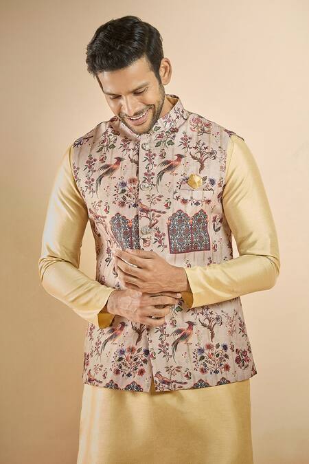 Arihant Rai Sinha_Brown Jacquard, Silk Embroidery Botanical Woven Bundi And Kurta Set _at_Aza_Fashions