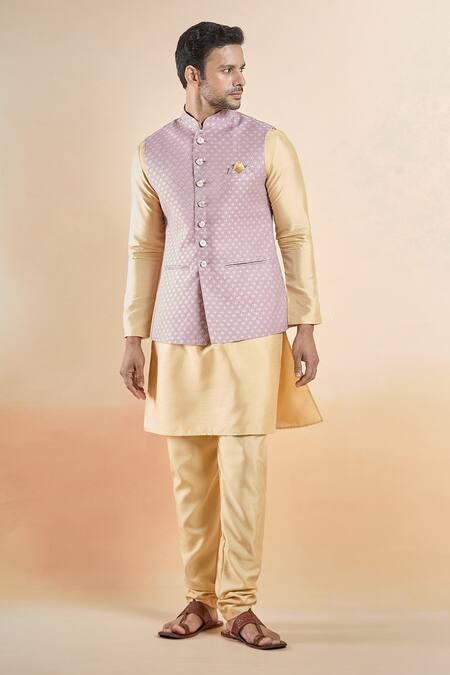 Arihant Rai Sinha_Purple Jacquard, Silk Embroidery Floral Woven Bundi And Kurta Set _Online_at_Aza_Fashions