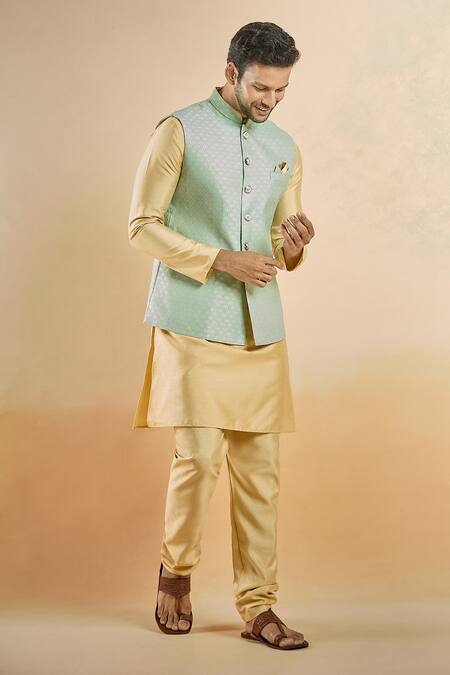 Shop Arihant Rai Sinha Green Jacquard, Silk Embroidery Flower Woven Bundi And Kurta Set Online at Aza Fashions Shop_Arihant Rai Sinha_Green Jacquard, Silk Embroidery Flower Woven Bundi And Kurta Set _Online_at_Aza_Fashions