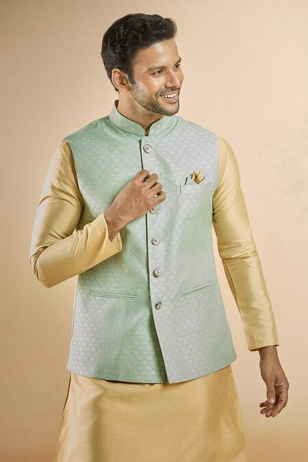Arihant Rai Sinha Green Jacquard, Silk Embroidery Flower Woven Bundi And Kurta Set at Aza Fashions Arihant Rai Sinha_Green Jacquard, Silk Embroidery Flower Woven Bundi And Kurta Set _at_Aza_Fashions