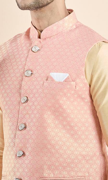 Arihant Rai Sinha Peach Jacquard, Silk Embroidery Mughal Floral Woven Bundi And Kurta Set Online at Aza Fashions Arihant Rai Sinha_Peach Jacquard, Silk Embroidery Mughal Floral Woven Bundi And Kurta Set _Online_at_Aza_Fashions