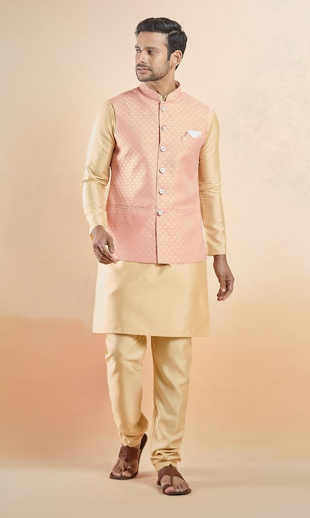 Buy Arihant Rai Sinha Peach Jacquard, Silk Embroidery Mughal Floral Woven Bundi And Kurta Set Online at Aza Fashions Buy_Arihant Rai Sinha_Peach Jacquard, Silk Embroidery Mughal Floral Woven Bundi And Kurta Set _Online_at_Aza_Fashions