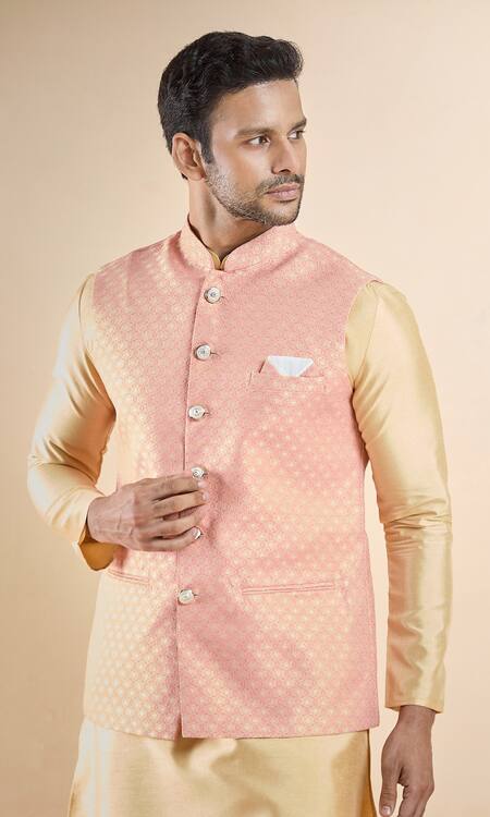 Shop Arihant Rai Sinha Peach Jacquard, Silk Embroidery Mughal Floral Woven Bundi And Kurta Set Online at Aza Fashions Shop_Arihant Rai Sinha_Peach Jacquard, Silk Embroidery Mughal Floral Woven Bundi And Kurta Set _Online_at_Aza_Fashions