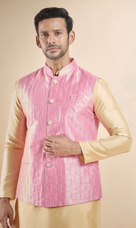Arihant Rai Sinha_Gold Silk Sequins, Embroidery Thread Pink Bundi And Kurta Set _Online_at_Aza_Fashions