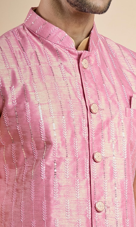 Buy_Arihant Rai Sinha_Gold Silk Sequins, Embroidery Thread Pink Bundi And Kurta Set _Online_at_Aza_Fashions