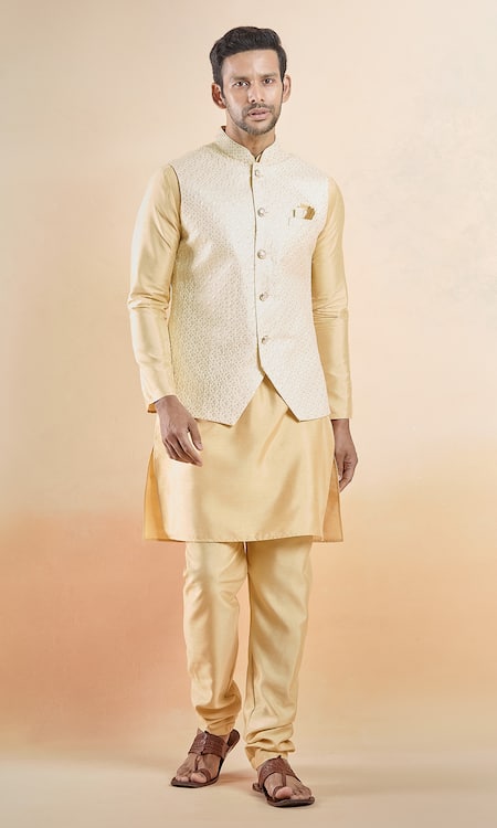 Shop Arihant Rai Sinha Gold Silk Sequins, Embroidery Bundi Set Online at Aza Fashions Shop_Arihant Rai Sinha_Gold Silk Sequins, Embroidery Bundi Set _Online_at_Aza_Fashions