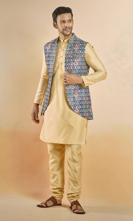Buy_Arihant Rai Sinha_Multi Color Jacquard, Silk Embroidery Floral Diamond Woven Bundi And Kurta Set _Online_at_Aza_Fashions