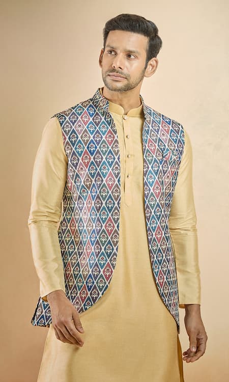 Shop_Arihant Rai Sinha_Multi Color Jacquard, Silk Embroidery Floral Diamond Woven Bundi And Kurta Set _Online_at_Aza_Fashions