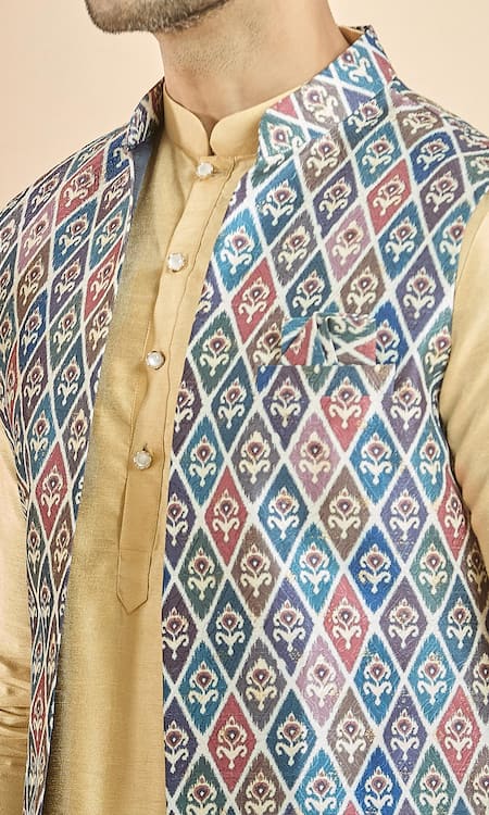 Arihant Rai Sinha_Multi Color Jacquard, Silk Embroidery Floral Diamond Woven Bundi And Kurta Set _at_Aza_Fashions