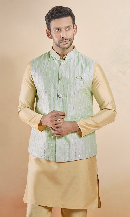 Aryavir Malhotra Green Silk Blend Embroidery Thread Sequin Nehru Jacket 