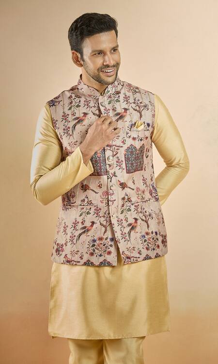 Shop Arihant Rai Sinha Brown Jacquard Embroidery Botanical Woven Nehru Jacket Online at Aza Fashions Shop_Arihant Rai Sinha_Brown Jacquard Embroidery Botanical Woven Nehru Jacket _Online_at_Aza_Fashions