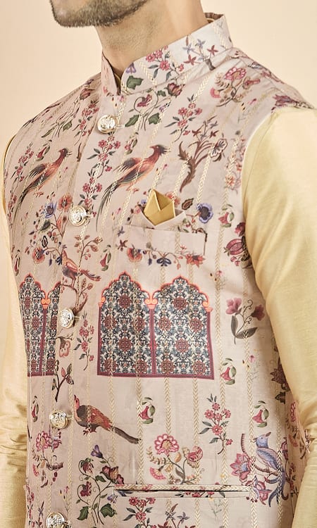 Arihant Rai Sinha Brown Jacquard Embroidery Botanical Woven Nehru Jacket at Aza Fashions Arihant Rai Sinha_Brown Jacquard Embroidery Botanical Woven Nehru Jacket _at_Aza_Fashions