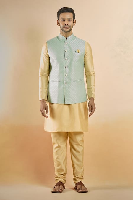 Arihant Rai Sinha_Green Jacquard Embroidery Flower Woven Nehru Jacket _Online_at_Aza_Fashions