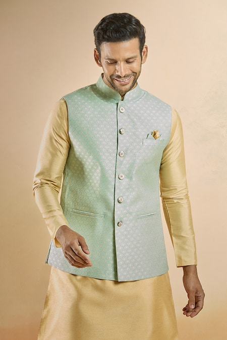 Buy_Arihant Rai Sinha_Green Jacquard Embroidery Flower Woven Nehru Jacket _Online_at_Aza_Fashions