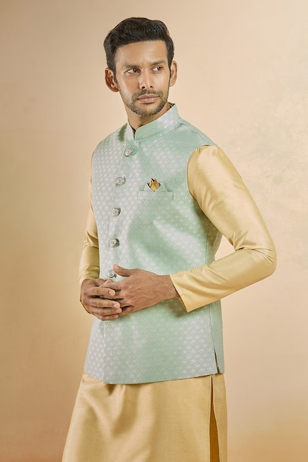Shop_Arihant Rai Sinha_Green Jacquard Embroidery Flower Woven Nehru Jacket _Online_at_Aza_Fashions