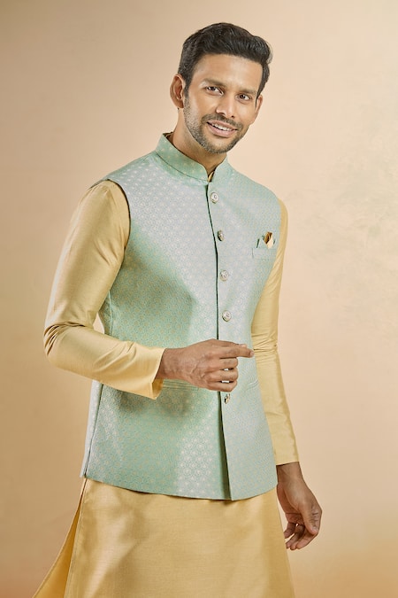 Arihant Rai Sinha_Green Jacquard Embroidery Flower Woven Nehru Jacket _at_Aza_Fashions