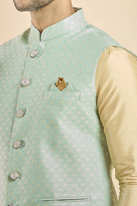 Buy_Arihant Rai Sinha_Green Jacquard Embroidery Flower Woven Nehru Jacket 
