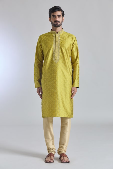Arihant Rai Sinha_Yellow Jacquard, Silk Mirrors Damask Woven Kurta With Churidar _Online_at_Aza_Fashions