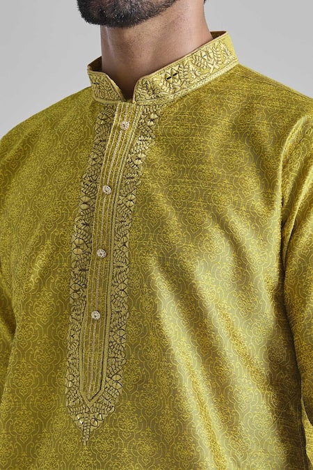 Buy_Arihant Rai Sinha_Yellow Jacquard, Silk Mirrors Damask Woven Kurta With Churidar _Online_at_Aza_Fashions