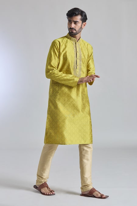 Shop_Arihant Rai Sinha_Yellow Jacquard, Silk Mirrors Damask Woven Kurta With Churidar _Online_at_Aza_Fashions