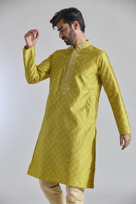 Arihant Rai Sinha_Yellow Jacquard, Silk Mirrors Damask Woven Kurta With Churidar _at_Aza_Fashions