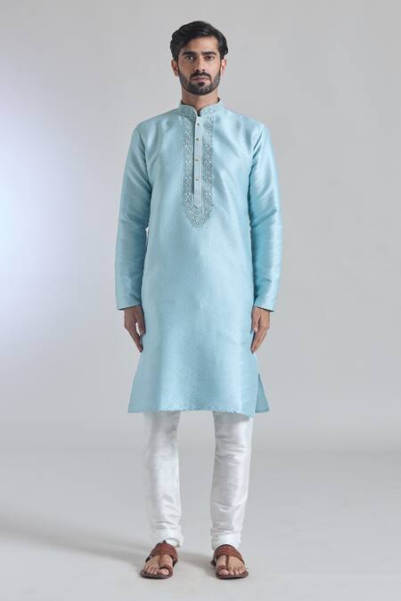Arihant Rai Sinha Blue Jacquard, Silk Embroidery Bloom Jaal Woven Kurta With Churidar Online at Aza Fashions Arihant Rai Sinha_Blue Jacquard, Silk Embroidery Bloom Jaal Woven Kurta With Churidar_Online_at_Aza_Fashions