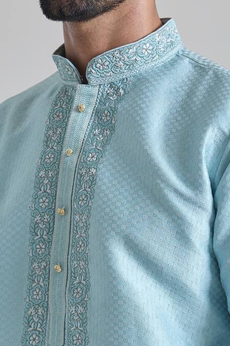 Shop Arihant Rai Sinha Blue Jacquard, Silk Embroidery Bloom Jaal Woven Kurta With Churidar Online at Aza Fashions Shop_Arihant Rai Sinha_Blue Jacquard, Silk Embroidery Bloom Jaal Woven Kurta With Churidar_Online_at_Aza_Fashions