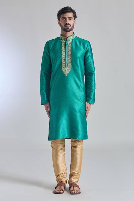 Arihant Rai Sinha_Green Silk Embroidery Bloom Placket Textured Kurta _Online_at_Aza_Fashions