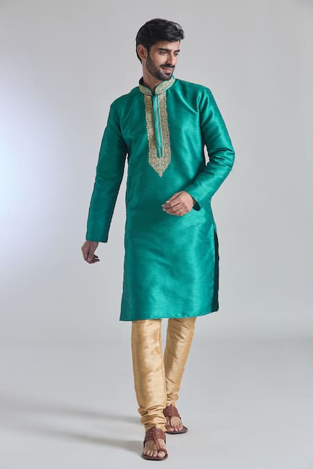 Buy_Arihant Rai Sinha_Green Silk Embroidery Bloom Placket Textured Kurta _Online_at_Aza_Fashions