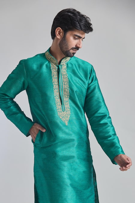 Shop_Arihant Rai Sinha_Green Silk Embroidery Bloom Placket Textured Kurta _Online_at_Aza_Fashions