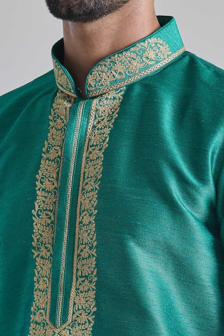 Arihant Rai Sinha_Green Silk Embroidery Bloom Placket Textured Kurta _at_Aza_Fashions