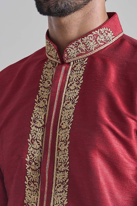 Buy_Arihant Rai Sinha_Maroon Silk Embroidery Blossom Placket Textured Kurta _Online_at_Aza_Fashions