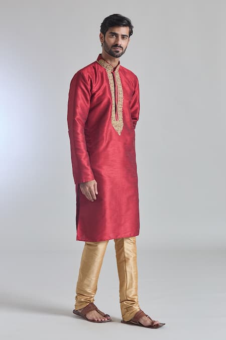 Shop_Arihant Rai Sinha_Maroon Silk Embroidery Blossom Placket Textured Kurta _Online_at_Aza_Fashions
