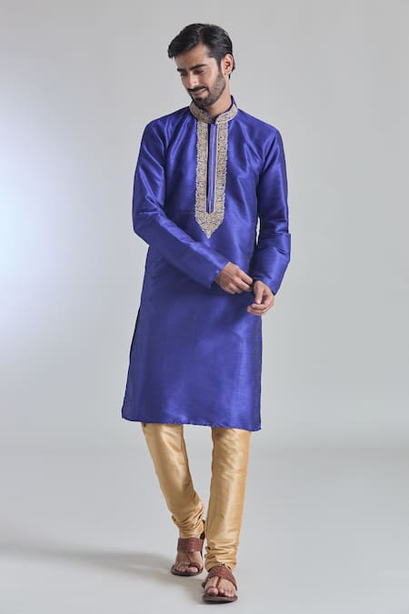 Arihant Rai Sinha Blue Silk Embroidery Fleur Placket Textured Kurta