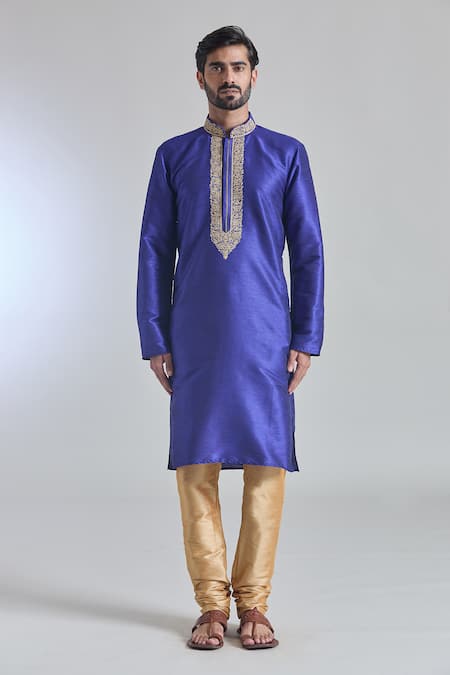 Arihant Rai Sinha_Blue Silk Embroidery Fleur Placket Textured Kurta _Online_at_Aza_Fashions
