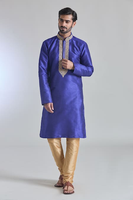 Buy_Arihant Rai Sinha_Blue Silk Embroidery Fleur Placket Textured Kurta _Online_at_Aza_Fashions