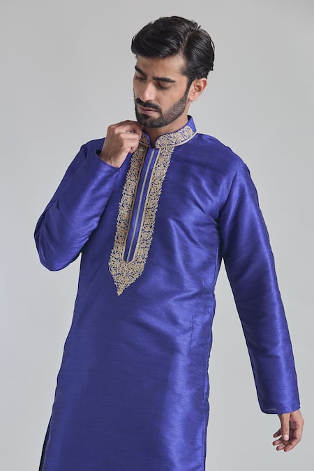 Shop_Arihant Rai Sinha_Blue Silk Embroidery Fleur Placket Textured Kurta _Online_at_Aza_Fashions